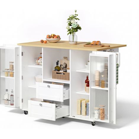 Îlot de Cuisine sur Roulettes avec Plan de Travail Pliable, Desserte de Cuisine MDF avec 2 Tiroirs, Étagère à Épices, Porte-Serviettes, 120x45x92 cm (1/5)