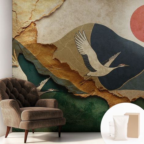 Newroom Tapete Dekorative Vliestapete mit Kleber Modern für Wohnzimmer Schlafzimmer Kraniche im Osten 250x250 cm (1/5)