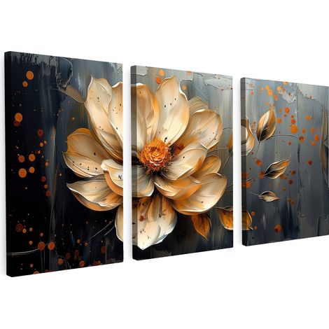 CUADRO EN LIENZO Flor - Oro - Abstracto - Pintura Tríptico Set de 3 120x60 (1/5)