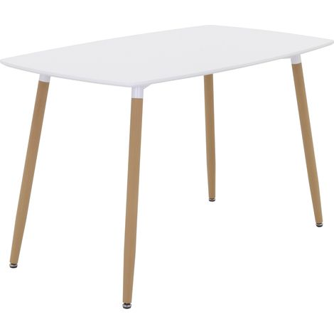 Mesa de comedor y cocina FELICIA blanca 120 x 70 x 74,5 cm con tablero de madera, patas metálicas efecto madera y pies antideslizantes - MOG CASA
