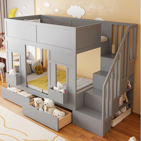 lit enfant rangement escalier coffre 90 200 bois gris OKMYHOME (1/5)