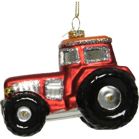 Kaemingk – Suspension de Noël nostalgie tracteur rouge avec paillettes argentées – Verre, 7 cm