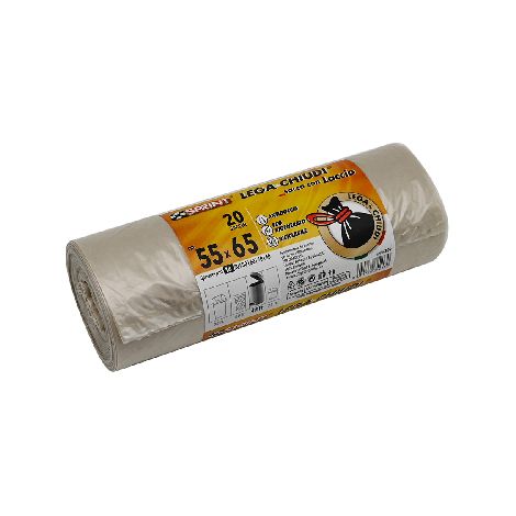 20 PZ SACCHI SPAZZATURA LEGA E CHIUDI C/LACCIO SPESSORE 18 MY- Trasparente cm 55 x 65- senza- pezzi 1
