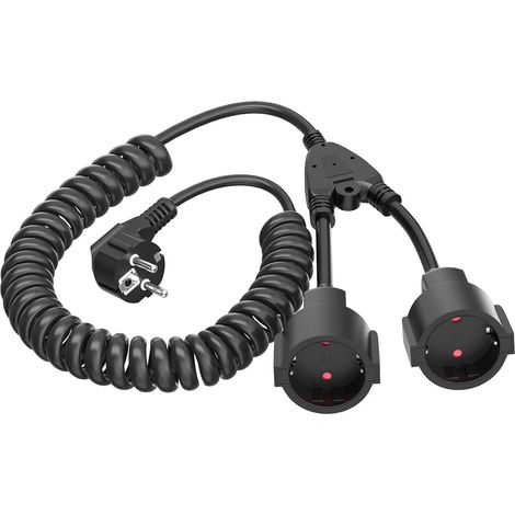 Spiral-Verlängerungskabel, 1 auf 2 Schutzkontaktsteckdosen, Spiralkabel verlängerbar von 0,9 m auf max. 3 m, IP20-Verlängerungskabel mit 2 Steckdosen, Doppel-Schuko-Steckdose 3 x 1,0 mm² (230 V/16 A), (1/5)