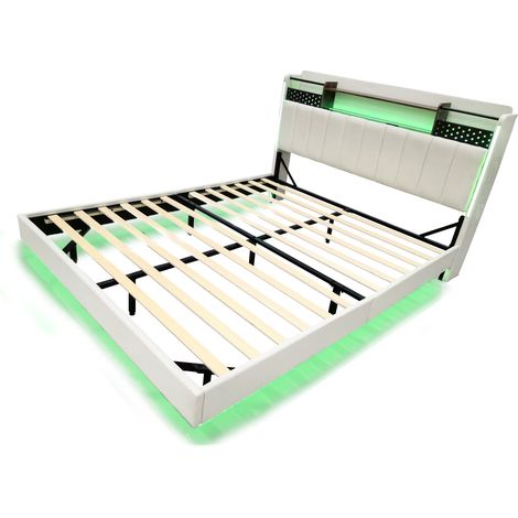Letto Matrimoniale Imbottito con USB, LED e Testiera con Contenitori, 160×200 cm, senza Materasso, Beige (1/4)