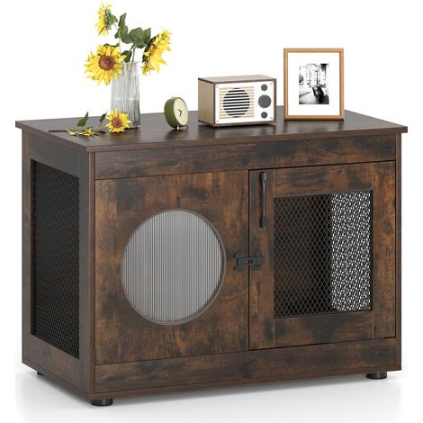 COSTWAY Mobile Lettiera per Gatti 82 x 47 x 60 cm, Casetta in Legno per Animali con Rete Traspirante in Metallo Robusto e Anta, Gabbia Multiuso per Gatti da Interno