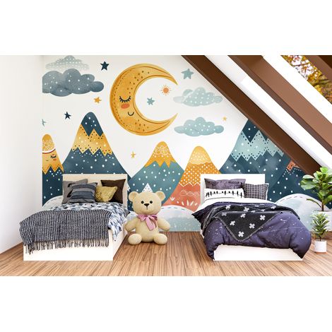 Papier peint enfants - croissants de lune et montagnes graphiques - 150 x 250 cm (1/2)