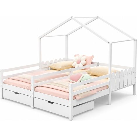 Lit cabane enfant blanc 200 x 90 cm avec 2 tiroirs sur roulettes, barrières de sécurité 3 côtés et sommier à lattes, structure bois et MDF CHICFURN (1/5)