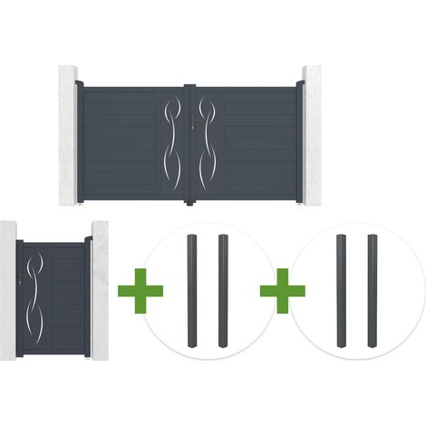 Portail battant 3m LIFE H.160cm aluminium gris + Portillon 1m LIFE H.160cm + 4 poteaux ELDA (1/5)