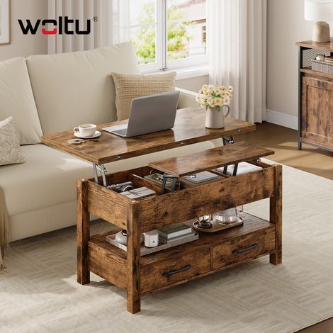 WOLTU Couchtisch höhenverstellbar, Beistelltisch klappbar, Wohnzimmertisch, 2 Schubladen, 1 offenes Fach und 3 versteckte Fächer unter Tischplatte, für Wohnzimmer Homeoffice, Rustikales Braun