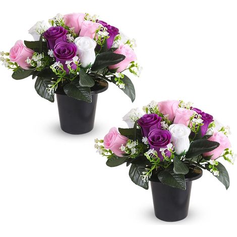 2 Pots Fleurs Artificielles Cimetiere, Fleur Artificielle Deco Réaliste Roses Fleur Artificielle Cimetiere Plante Artificielle Exterieur pour Cimetière Maison Jardin Balcon Porche (Violet) (1/5)