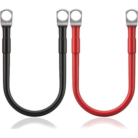 Lot de 2 câbles de batterie M8 30 cm, 30 cm, 12 V, 5 AWG, 16 mm², rouge et noir, avec bornes à anneau M8, câble de terre pour voiture, moto, camion, camping-car, marine, solaire (30 cm) (1/5)