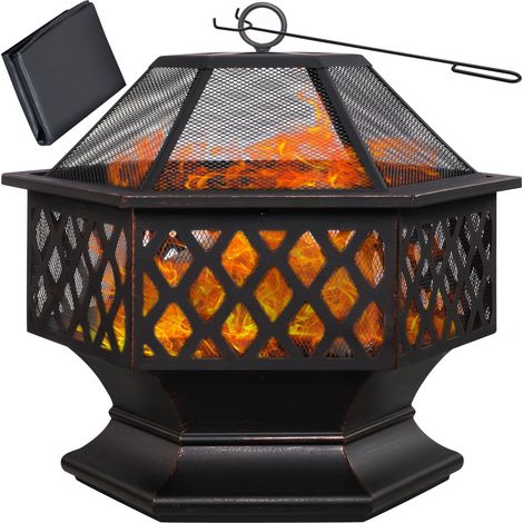 Gardebruk Fire Pit Steel Spark Protection Rustic Look Fire Bowl Fire Pit Outdoor Patio Garden w/ Protection Grill, Poker, Cover - 62.5 x 60.5 x 70cm (1/5)