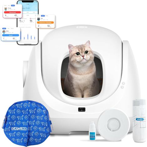 Litière autonettoyante contrôle de la santé de Votre Chat télécommande APP, Anti-Blocage, Anti-Odeur blanc