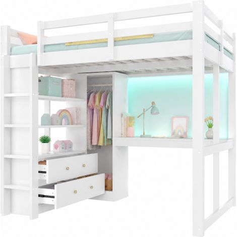 Lit mezzanine 140x200 avec bureau intégré, 2 tiroirs, étagères, LED Bluetooth, port USB et rangement ouvert pour petite chambre blanche - CHICFURN (1/5)