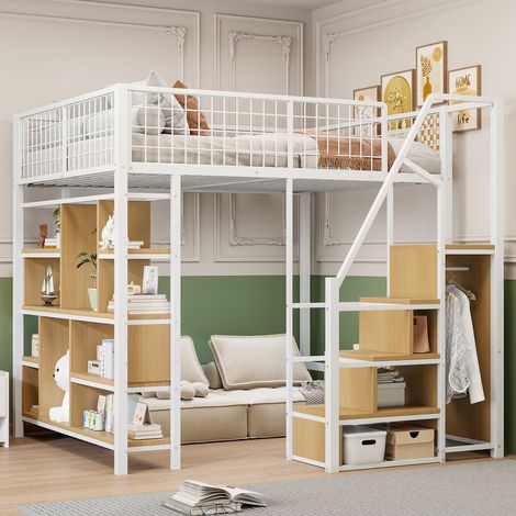 Lit mezzanine multifonctionnel de 140 x 200 cm,lit métallique avec rangement,étagères et escaliers,lit et lit de camp pour adultes,blanc-Mi (1/5)