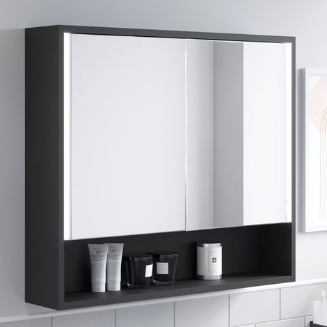Bathroom Mirror Cabinet LED Wall Mounted 700x800mm Black Demister Shaver Storage (1/5)
