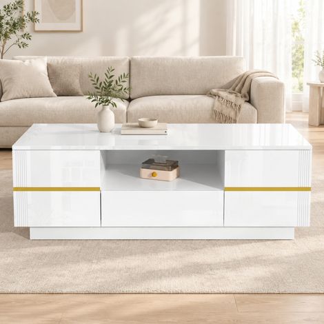 LED-Couchtisch 100 x 50 x 35,5 cm aus weißem MDF mit 2 Türen und Schublade – MEUBLIV (1/5)