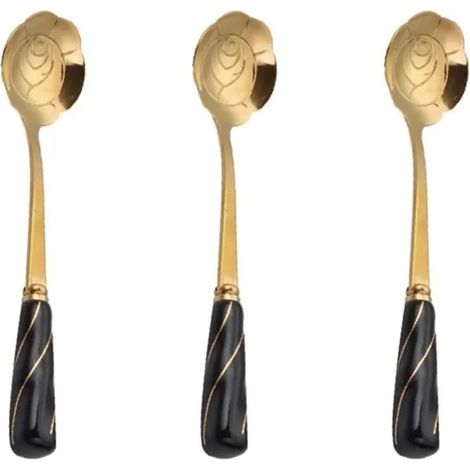 3pcs Cuillère à fleurs,cuillère à café en acier inoxydable avec poignée en céramique,pour gâteau dessert au sucre de thé glacé,Noir (1/5)