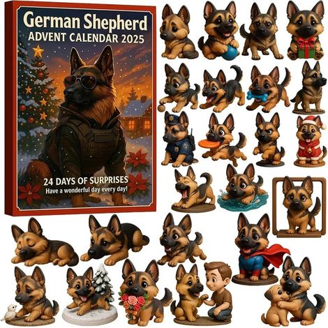 Calendrier de l’Avent Berger Allemand, Compte à rebours de Noël 24 Jours, Boîte surprise décorations suspendues acryliques chiens berger allemand, Ornements sapin Noël, Cadeau de Noël à collectionner 