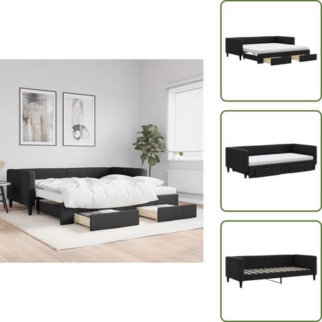 The Living Store Tagesbett Ausziehbar mit Schubladen Schwarz 100x200 cm Stoff - Schlafsofa (1/5)
