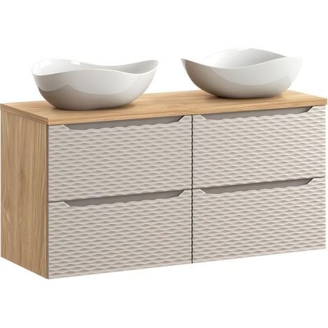 Badezimmer-Set YOKA beige: 2 Unterschränke 60 cm + Platte für Waschbecken + 2 Waschbecken