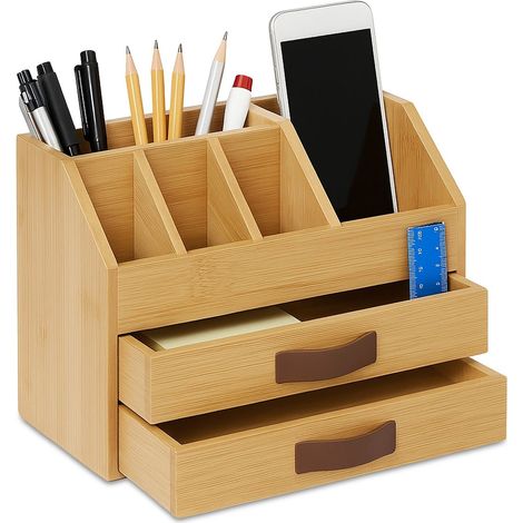 Organizador de escritorio de bambú - 2 cajones, 5 compartimentos