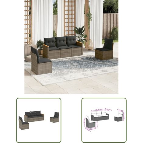 The Living Store 5-tlg. Garten-Sofagarnitur mit Kissen Grau Poly Rattan - Gartensofas - Outdoor Möbel - Lounge Set - Gartenlounge - Rattan Sofa