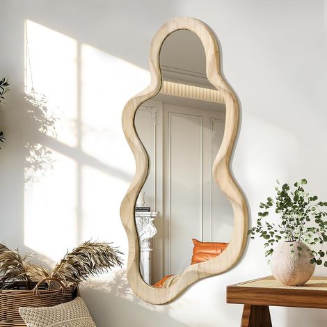 Miroir Mural Asymétrique Cadre en Bois Moderne, Design Nuage pour Vestiaire, Chambre, Salon, Salle de Bain, Entrée - Grand Blanc (1/5)