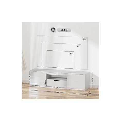 Meuble TV bas blanc 160 cm avec 2 portes, un tiroir et gestion des câbles pour téléviseur jusqu'à 65 pouces pour salon et séjour (1/5)
