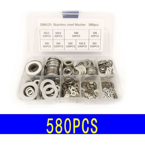 Rondelle Inox avec Boîte de Rangement (Lot de 580) - Assortiment de 9 Tailles M2, M2.5, M3, M4, M5, M6, M8, M10 & M12 - Lot de Rondelles Métal - Réparations, Usines & Décoration Intérieure
