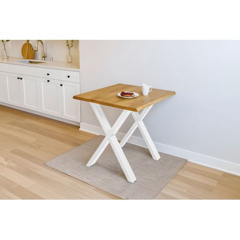 Esstisch Baumkante massiv Eiche geölt 80 x 80 cm X-Gestell weiß SALVADOR
