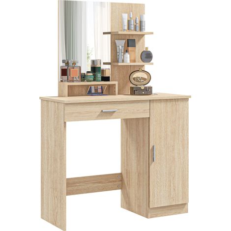 Toeletta da camera con miroir de maquillage, tiroir, étagères ouvertes et meuble de rangement, 90x38x138 cm, en érable.