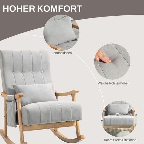 Fauteuil à bascule avec coussin lombaire, assise large, cadre en bois d'hévéa, capacité jusqu'à 120 kg, gris (1/4)