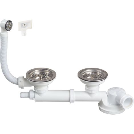 Vidage complet évier 2 bacs Ø90 avec siphon extra-plat Espace et prise machine à laver, Wirquin 30723991, blanc