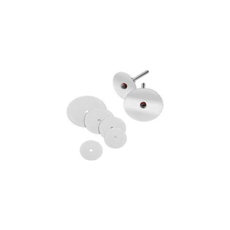 10 dischi di foratura (cinque misure, due per ciascuna), quattro mandrini da 3 mm, lama per sega circolare in acciaio inox, disco da taglio per utensili rotanti, diametro del foro: 2 mm. Diametri del 