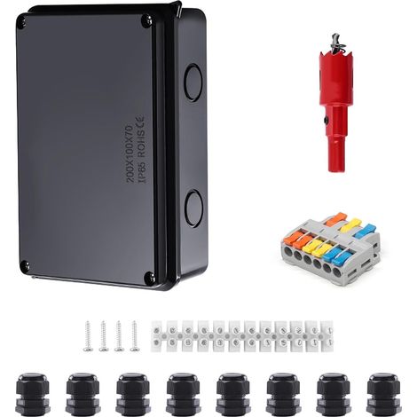 Boite de Dérivation, Étanche IP65 Boite Electrique Etanche Exterieur, ABS Noir Boite Derivation Etanche, 200 x 100 x 70 mm, avec Bornes et Accessoires de Montage, pour Câbles Ø 12-16 mm (1/5)