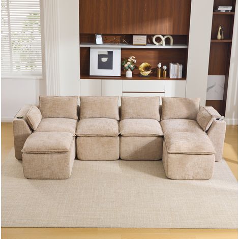 Canapé modulaire 4 places 322/161/75 cm en chenille kaki avec 2 poufs, poches latérales et porte-gobelet (1/5)