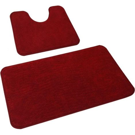 Lot de 2 Tapis Salle de Bain, Tapis WC Contour et Tapis de Bain, Microfibre Antidérapants Lavable en Machine, 50 x 80 cm + 50 x 40 cm, Bordeaux (1/5)