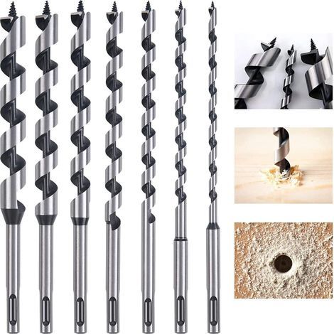 Foret Bois, Mèche à Bois Hélicoïdal, 7 PCS SDS-Plus Forets à Bois Hélicoïdaux Longs Set Diamètre 6mm/8mm/10mm/12mm /14mm/16mm/18mm pour bois tendre, bois dur, avec pointe de centrage (1/5)