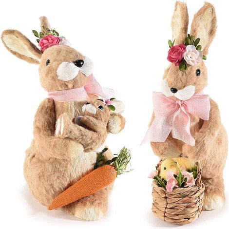 Lapins de Pâques en fibre naturelle avec nœud, fleurs, carotte et panier avec poussin, lot de 2, 14 x 22 x H. 40 cm (oreilles dépliées)