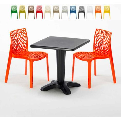 Table Carrée Noire 70x70cm Avec 2 Chaises Colorées Grand Soleil Set Bar Café Gruvyer Aia - Orange