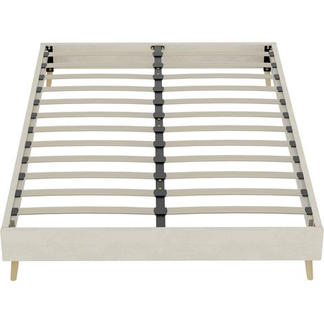 Cadre de lit moderne minimaliste, 140x200 cm, beige, en velours hollandais, base basse, meuble de chambre au style moderne. Sans mécanisme de relevage à gaz, tête de lit ni matelas. (1/5)