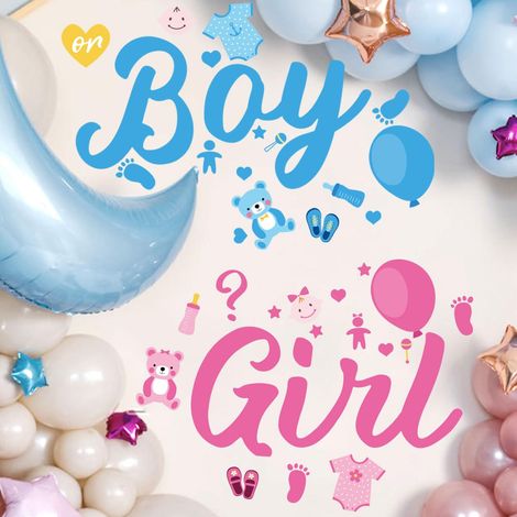 2pcs Autocollants de Révélation du Sexe, 60x40cm Rose et Bleu Girl or Boy Autocollant pour Panneau de Révélation du Sexe Deco Baby Shower pour Décoration de Fond de Fête (1/5)