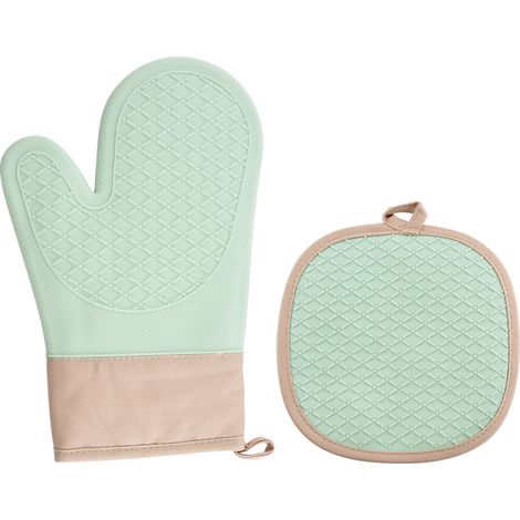 Gants de Four, Lot de 4 Gants et Maniques de Cuisine Résistants à la Antidérapants, Anti Chaleur Jusqu'à 350°C, en Coton Doux, Longs et Flexibles en Silicone Épais pour Cuisine Pâtisserie, Vert (1/5)