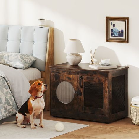 Meuble pour Chien Cage Robuste en Métal Résistant aux Morsures Cage en Bois pour Chiot avec Fenêtre Translucide Cage d'Intérieur Café