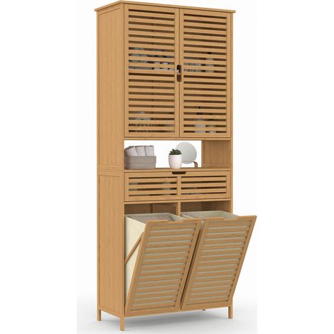 Meuble armoire colonne salle de bain bambou BEA 4 portes avec 2 paniers à linge amovibles 1 tiroir (1/5)