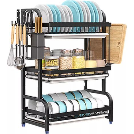 Égouttoir à vaisselle 3 niveaux – Métal antirouille – Support pour planche à découper et porte-couteaux – 54x23x59cm Noir (1/5)