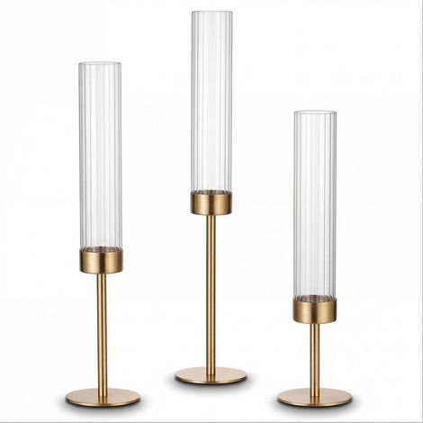 Levede Candle Holder Gold Metal Glass Tube Candlestick Holders Set of 3 Decor (1/5)