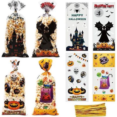 Halloween-Süßigkeitentüten, 100 Stück, Halloween-Süßigkeitentüten, Geschenktüten, Halloween-Zellophantüten für Kinder, 8 verschiedene Designs, mit 120 Verschlussbändern (1/5)